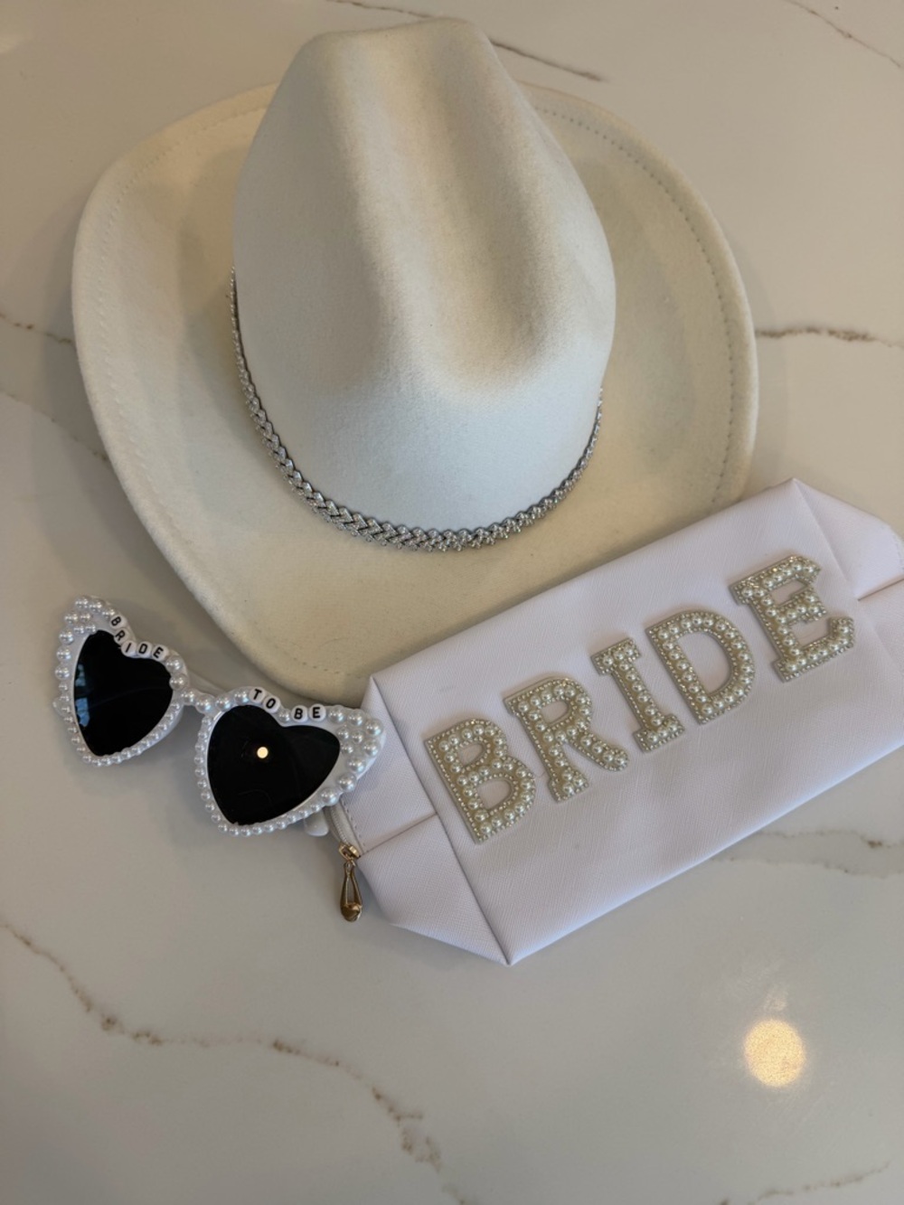 Pearl-Embellished BRIDE bag, sunglasses, and cowgirl hat in White
